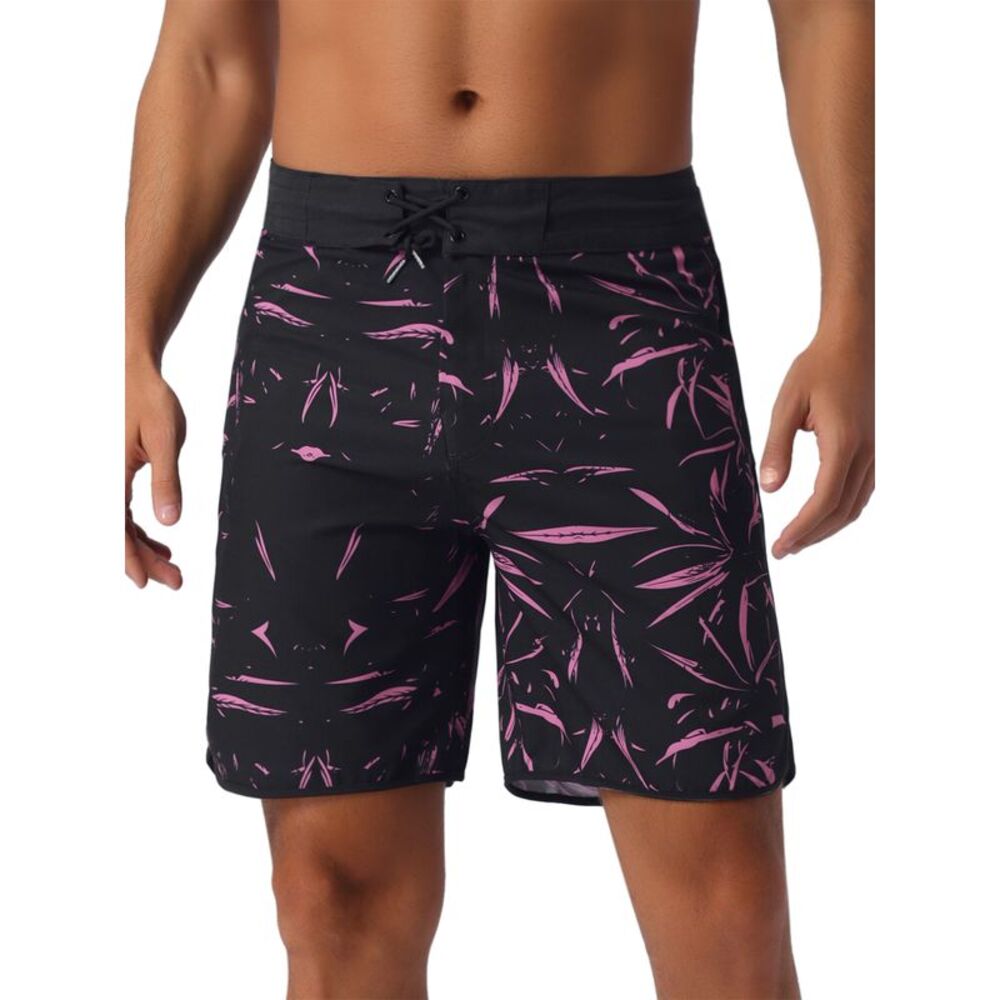 Tropical Vocation Drawstring Hawaiian Print Athletic Swim Trunks Black